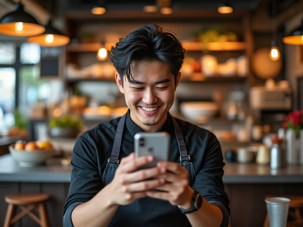 Instagramを投稿する飲食店の日本人男性