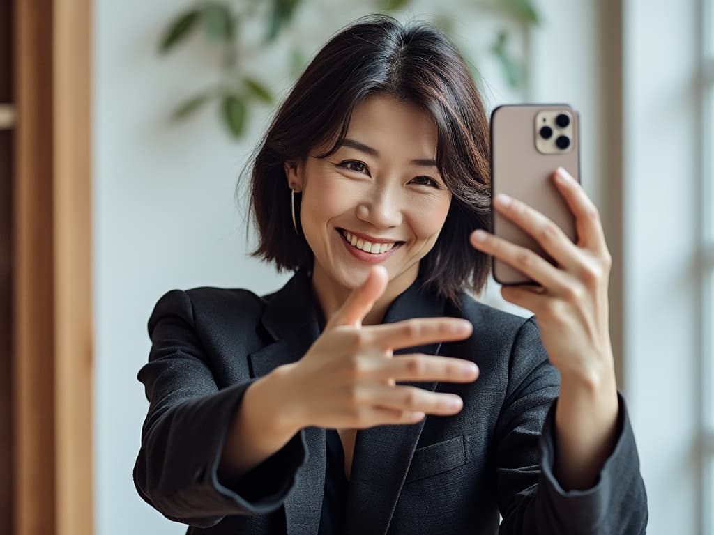 Instagramの写真を撮影している45歳くらいの日本人女性