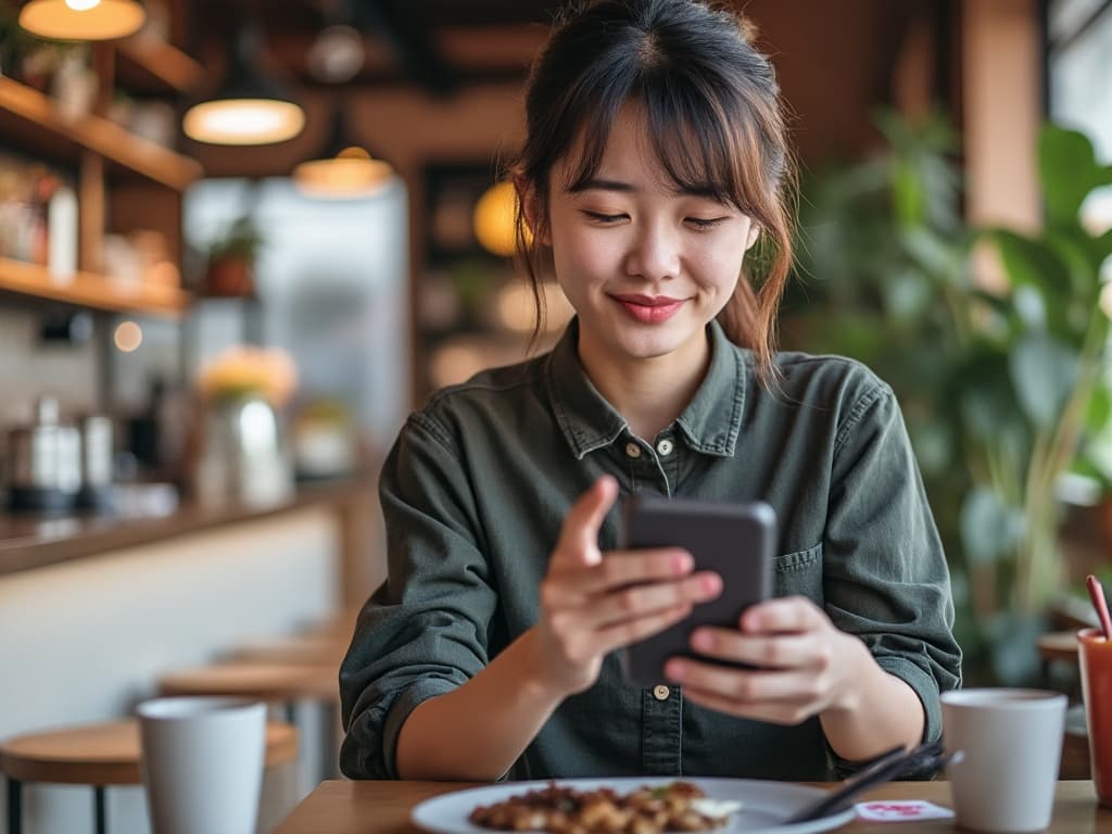 飲食店の写真Instagramに投稿する女性