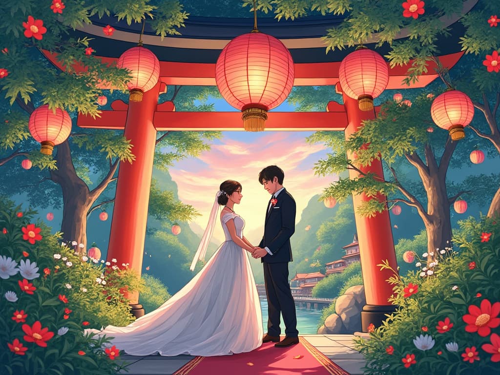 日本の神社で結婚式を挙げるアニメ画