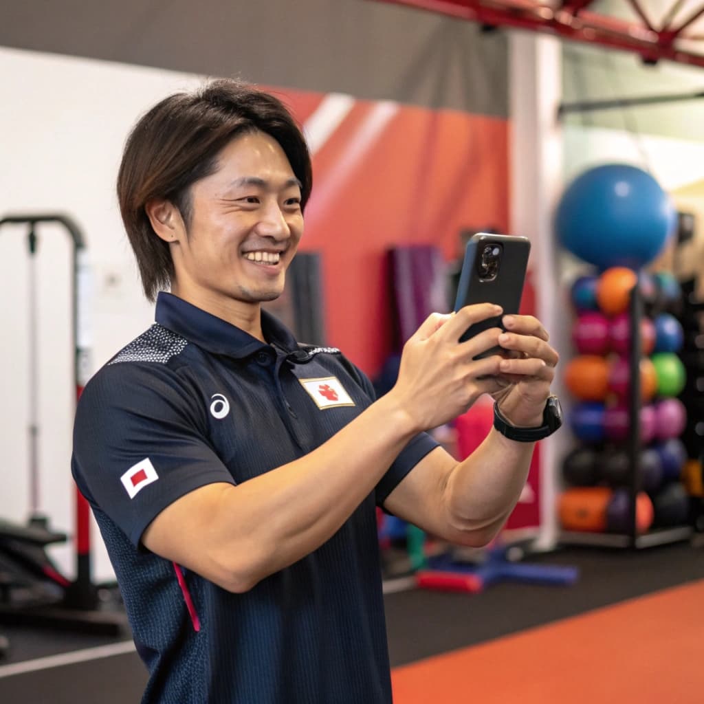 Instagramの写真を撮影する日本人のスポーツジムのスタッフ